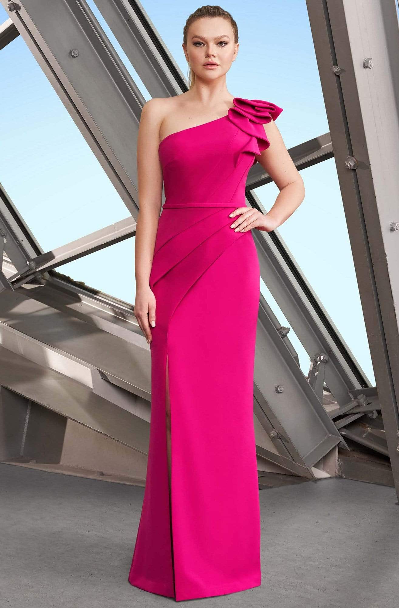 Alexander by Daymor - 1174 Asymmetric Ruffled One Shoulder Long Sheath Gown Evening Dresses 4 / Fuschia
