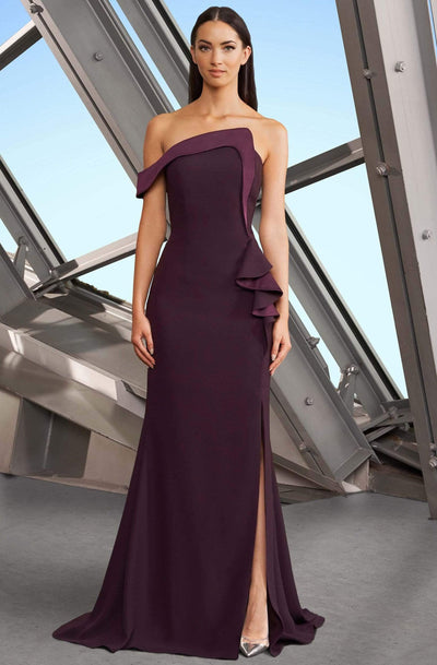 Alexander by Daymor - 1188 Asymmetric Neckline Ruffled Accent Evening Gown Evening Dresses 4 / Aubergine