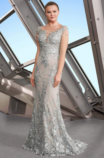 Alexander by Daymor - 1189 Short Sleeve Illusion Floral Lace Gown Evening Dresses 4 / Neo Mint