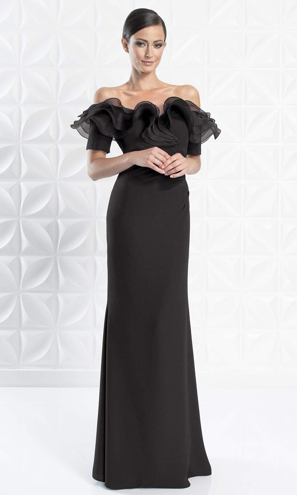 Alexander By Daymor - 1257 Ruffled Off Shoulder Sheath Dress Evening Dresses 6 / Black