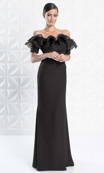 Alexander By Daymor - 1257 Ruffled Off Shoulder Sheath Dress Evening Dresses 6 / Black