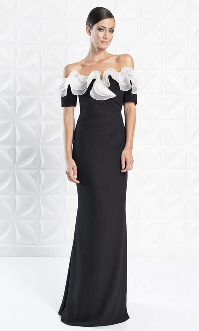Alexander By Daymor - 1257 Ruffled Off Shoulder Sheath Dress Evening Dresses 6 / Black/White