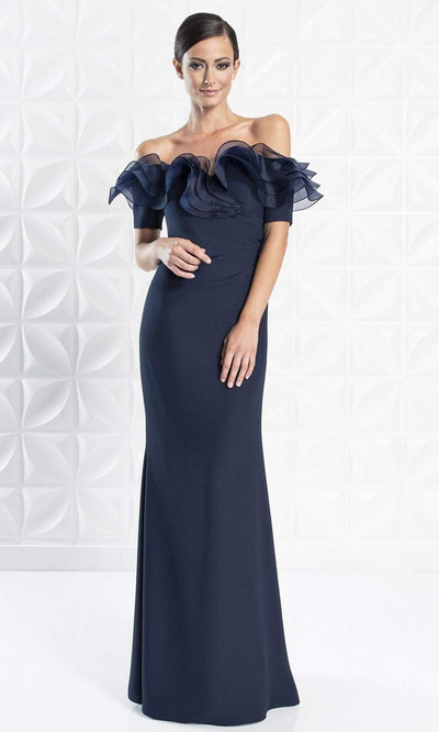Alexander By Daymor - 1257 Ruffled Off Shoulder Sheath Dress Evening Dresses 6 / Midnite