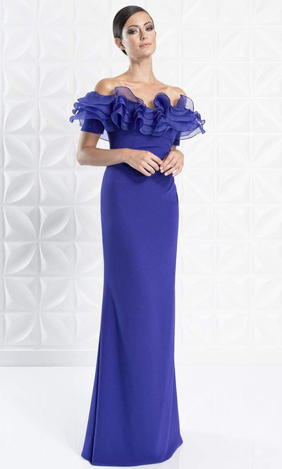 Alexander By Daymor - 1257 Ruffled Off Shoulder Sheath Dress Evening Dresses 6 / Sapphire