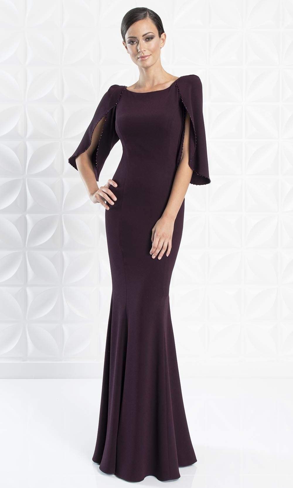 Alexander By Daymor - 1259 Split Caped Sleeve Mermaid Evening Gown Evening Dresses 6 / Aubergine