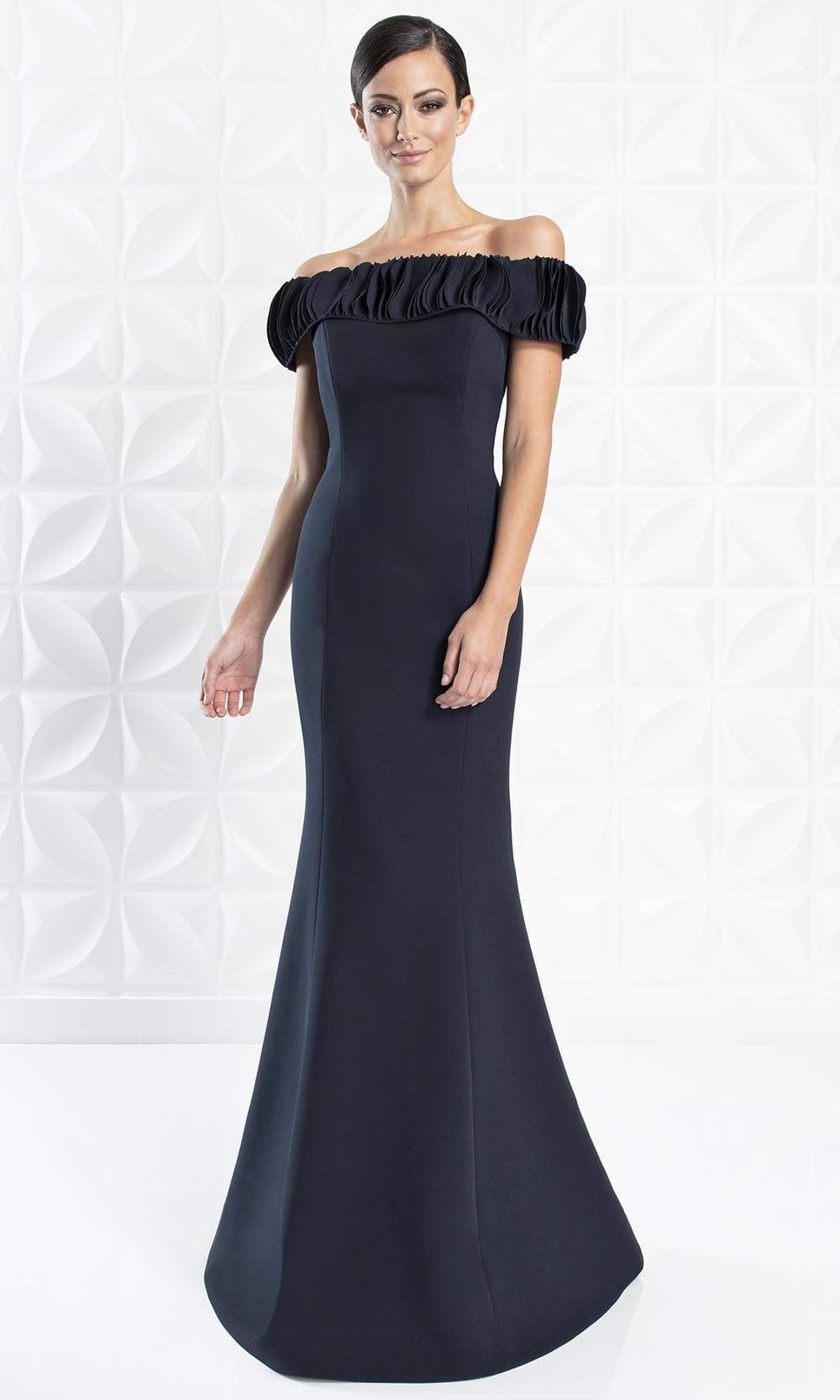 Alexander By Daymor - 1280 Ruffled Off-Shoulder Trumpet Dress Evening Dresses 6 / Navy