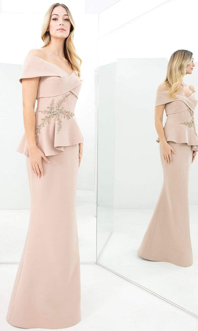 Alexander By Daymor - 1350 Off-Shoulder Beaded Sheath Gown Mother of the Bride Dresses 00 / Suntan