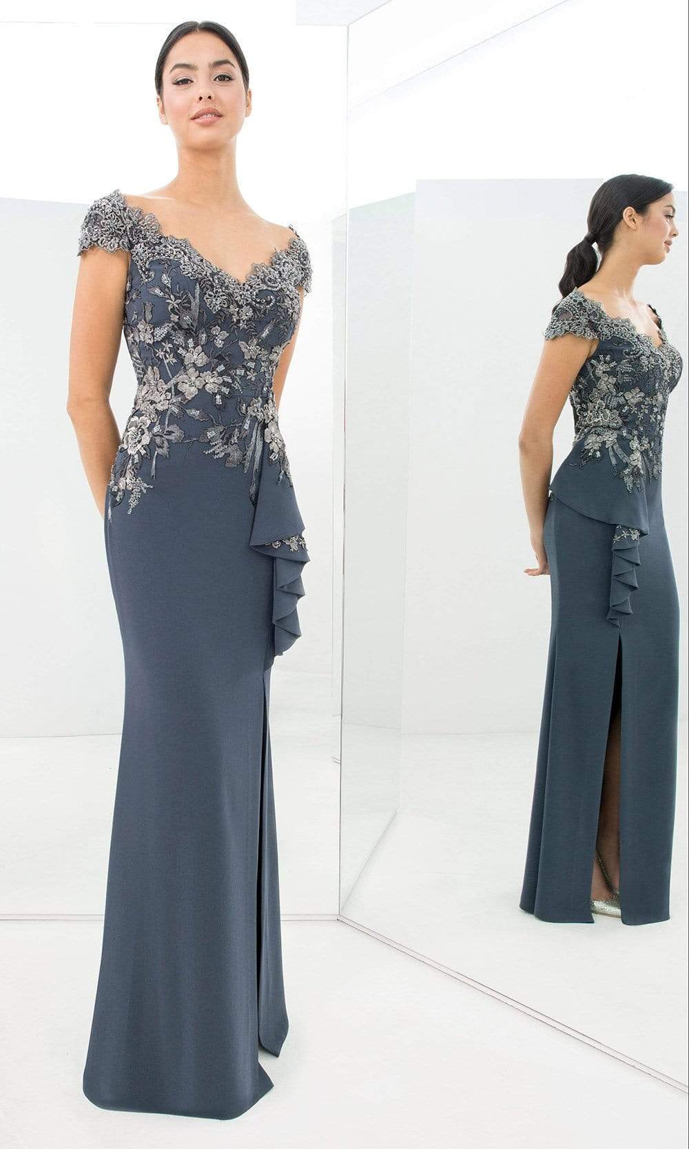 Alexander By Daymor - 1392 Wide V Neck Floral Embroidered Gown Evening Dresses 00 / Graphite