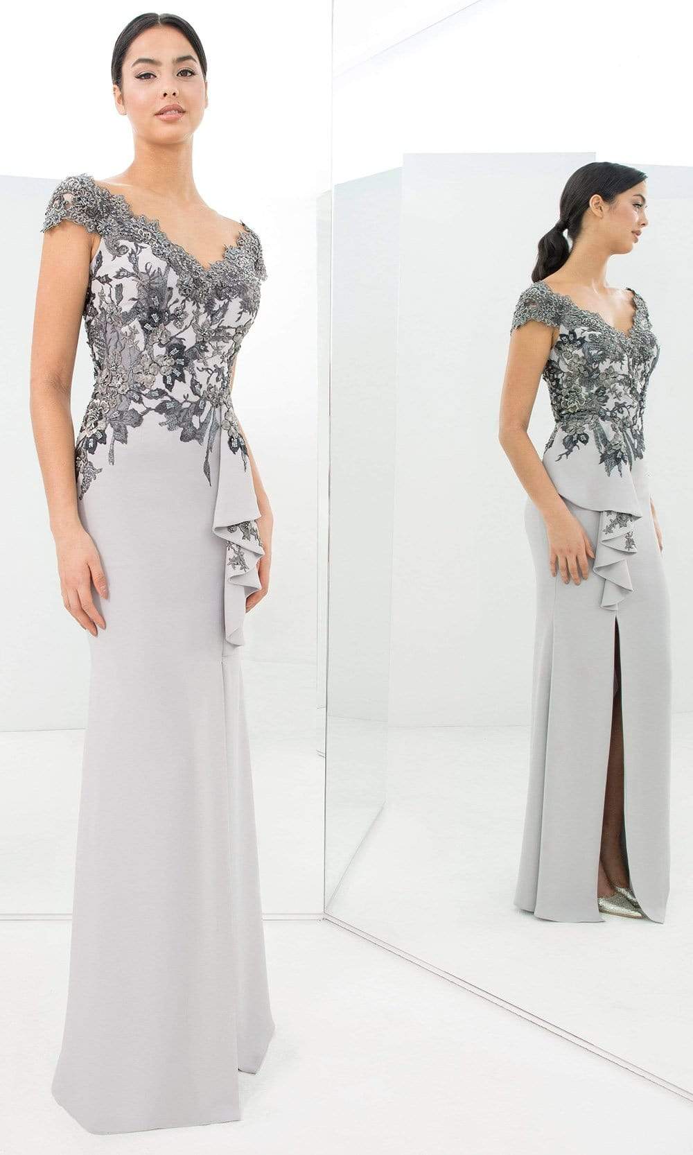 Alexander By Daymor - 1392 Wide V Neck Floral Embroidered Gown Evening Dresses 00 / Stone