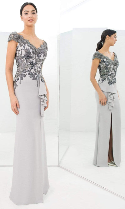 Alexander By Daymor - 1392 Wide V Neck Floral Embroidered Gown Evening Dresses 00 / Stone