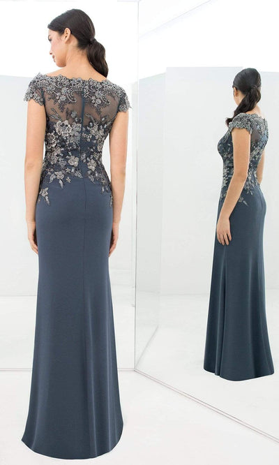 Alexander By Daymor - 1392 Wide V Neck Floral Embroidered Gown In Gray and Black
