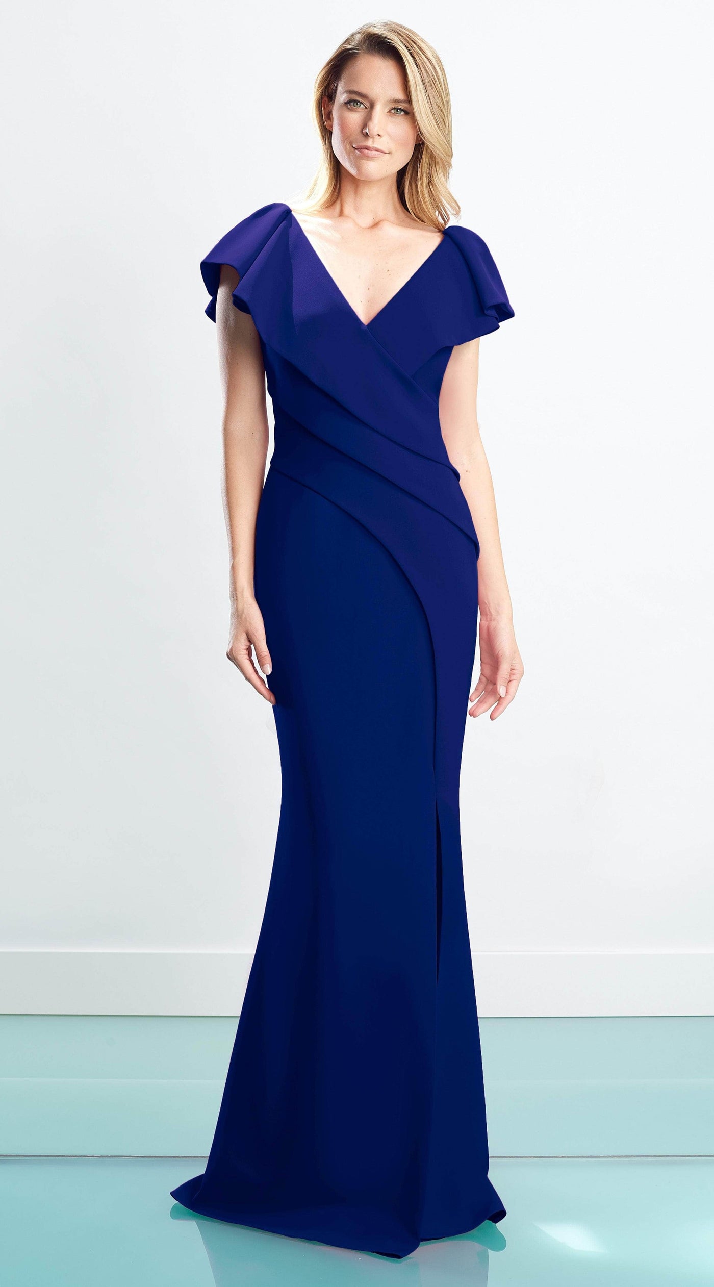 Alexander by Daymor - 1456 Cap Sleeves V-Neck Trumpet Gown With Slit Evening Dresses 2 / Indigo
