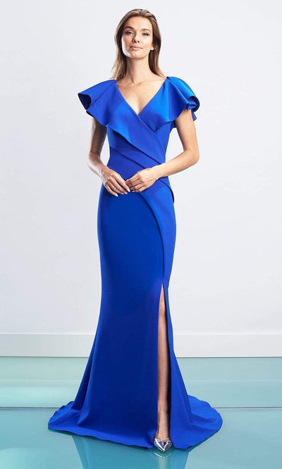 Alexander By Daymor - 1456 Cap Sleeves V-Neck Trumpet Gown With Slit Evening Dresses 4 / Blue