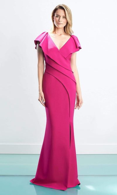 Alexander By Daymor - 1456 Cap Sleeves V-Neck Trumpet Gown With Slit Evening Dresses 4 / Fushia