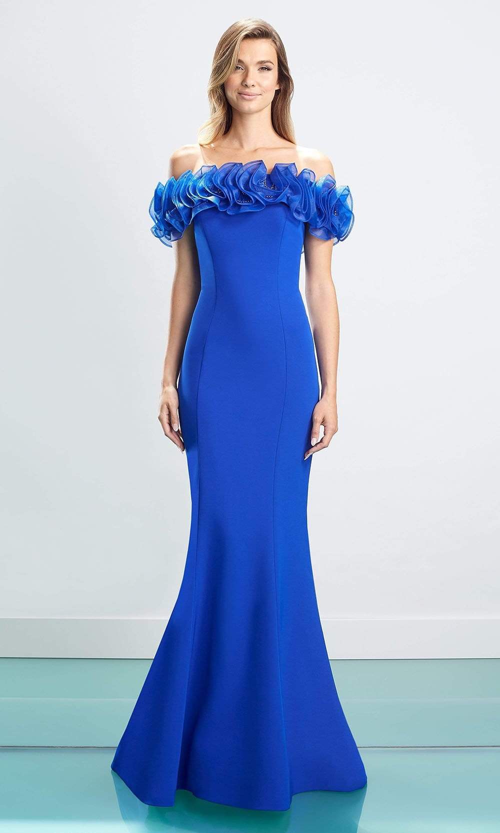 Alexander By Daymor - 1461 Ruffled Off Shoulder Long Gown Evening Dresses 4 / Blue