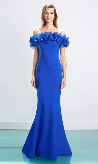 Alexander By Daymor - 1461 Ruffled Off Shoulder Long Gown Evening Dresses 4 / Blue