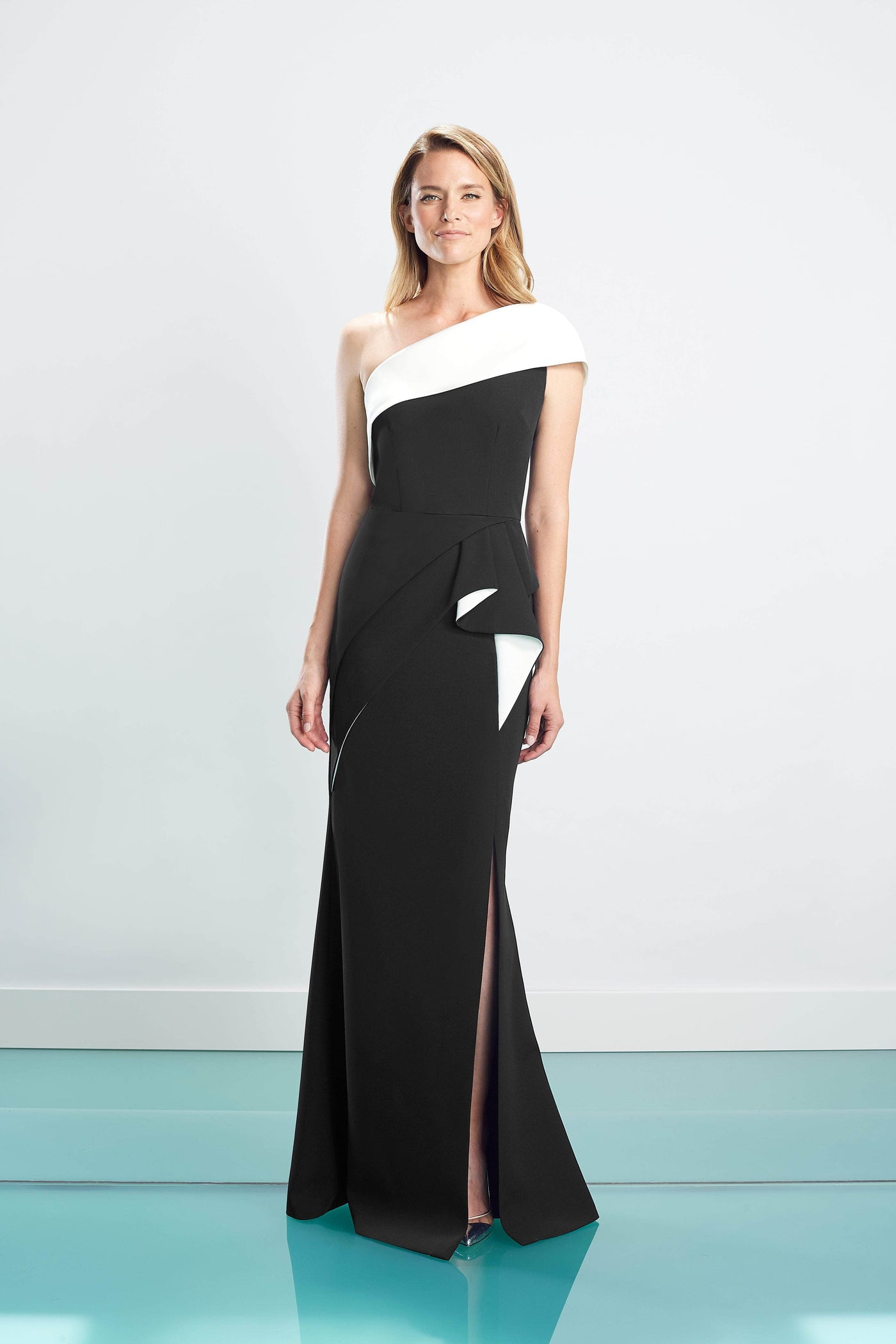 Alexander by Daymor - 1463 Asymmetric Ruffled Waist Sheath Dress Evening Dresses 4 / Black/White