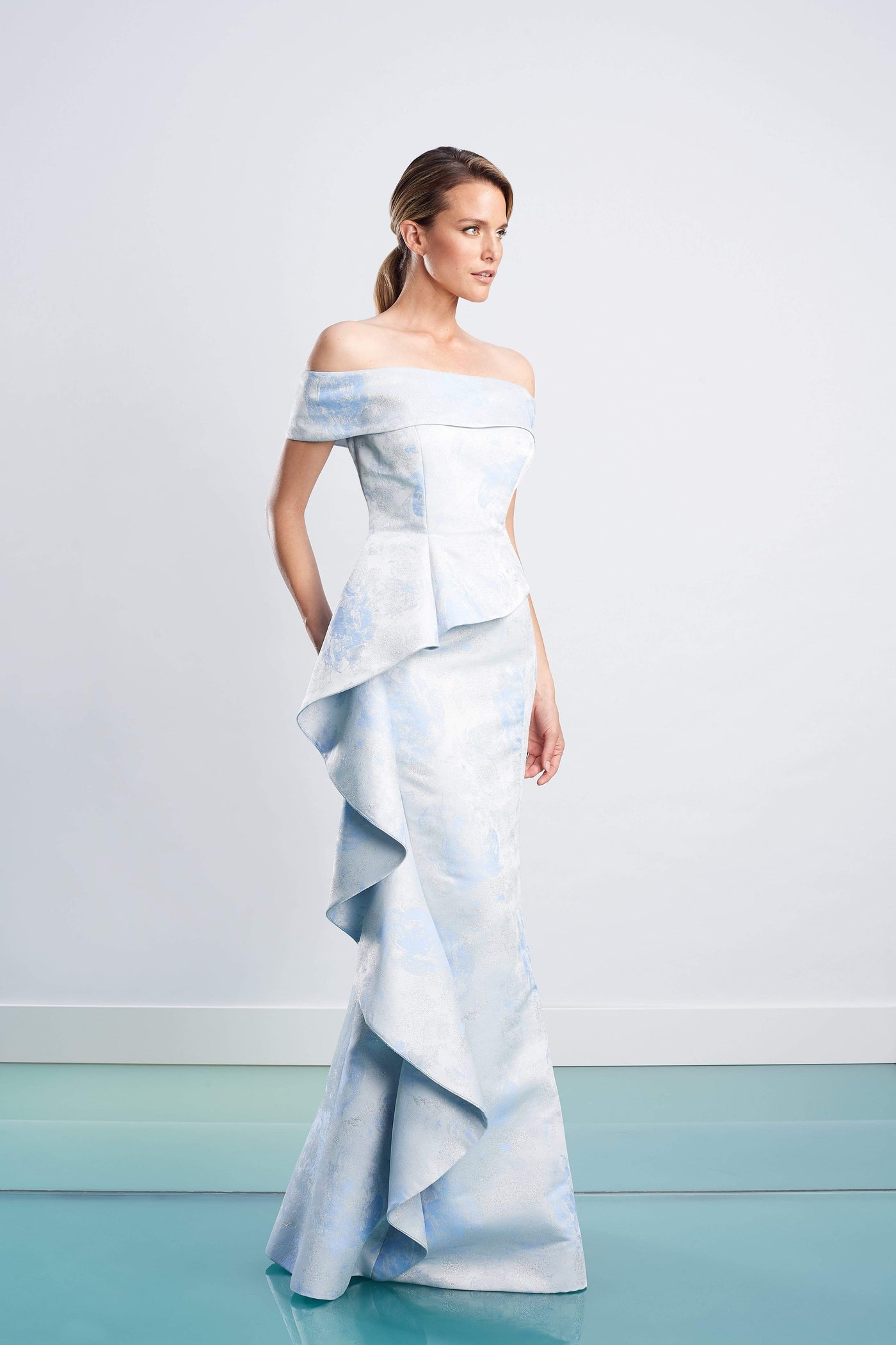 Alexander By Daymor - 1467 Off Shoulder Glittered Floral Gown Evening Dresses 4 / Periw/Silver