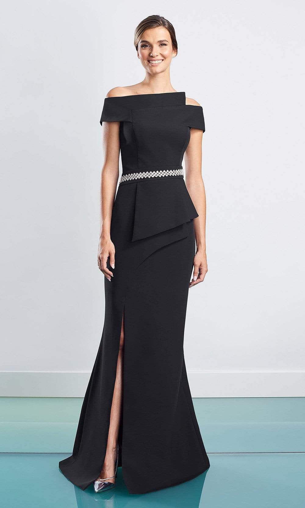 Alexander By Daymor - 1470 Off Shoulder Peplum Trumpet Gown Evening Dresses 4 / Black