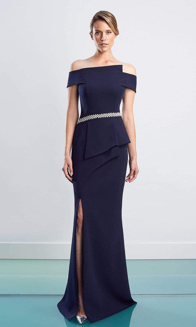 Alexander By Daymor - 1470 Off Shoulder Peplum Trumpet Gown Evening Dresses 4 / Navy