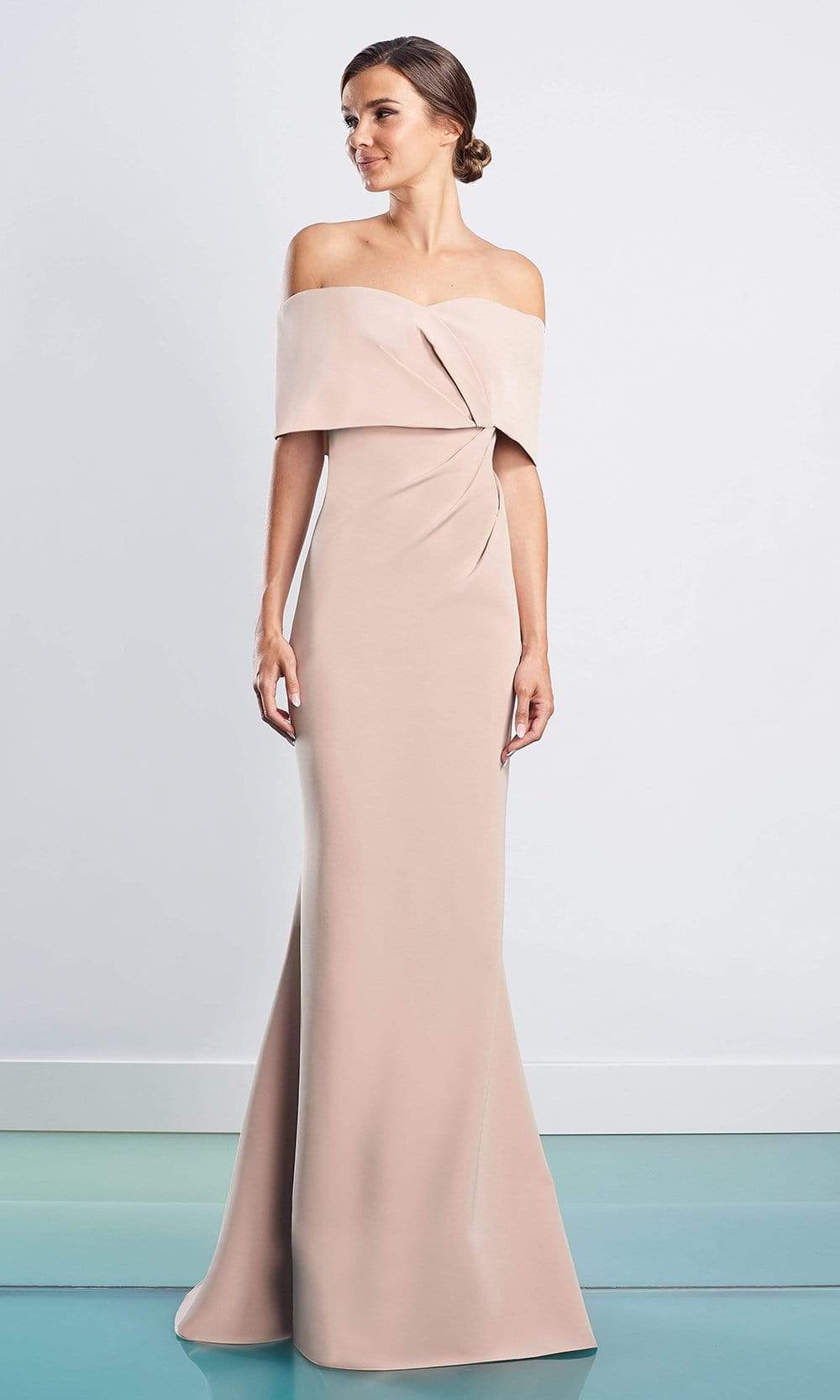 Alexander By Daymor - 1471 Off Shoulder Buttons Back Sheath Dress Evening Dresses 4 / Suntan