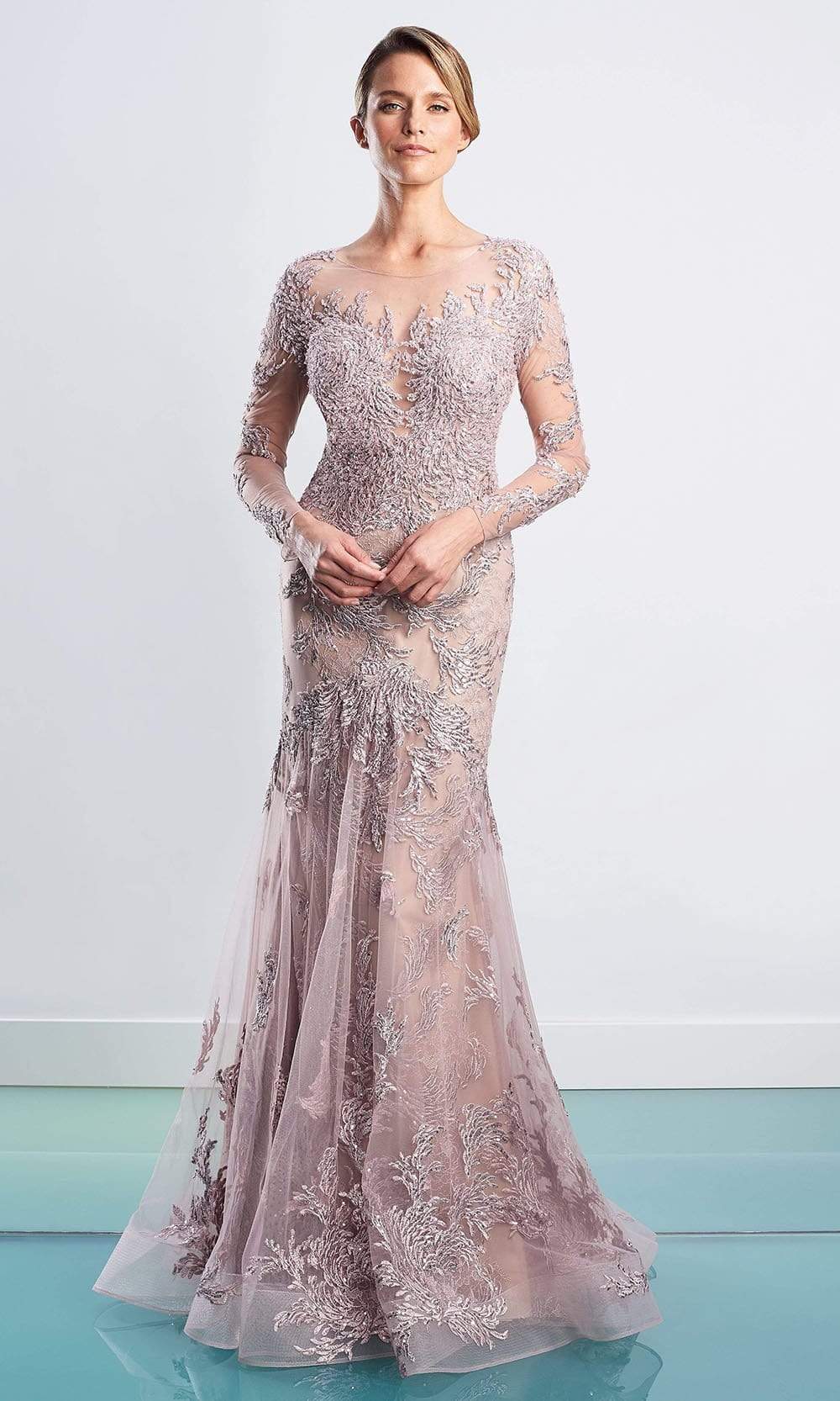 Alexander By Daymor - 1474 Illusion Embellished Tulle Gown Evening Dresses 4 / Quartz
