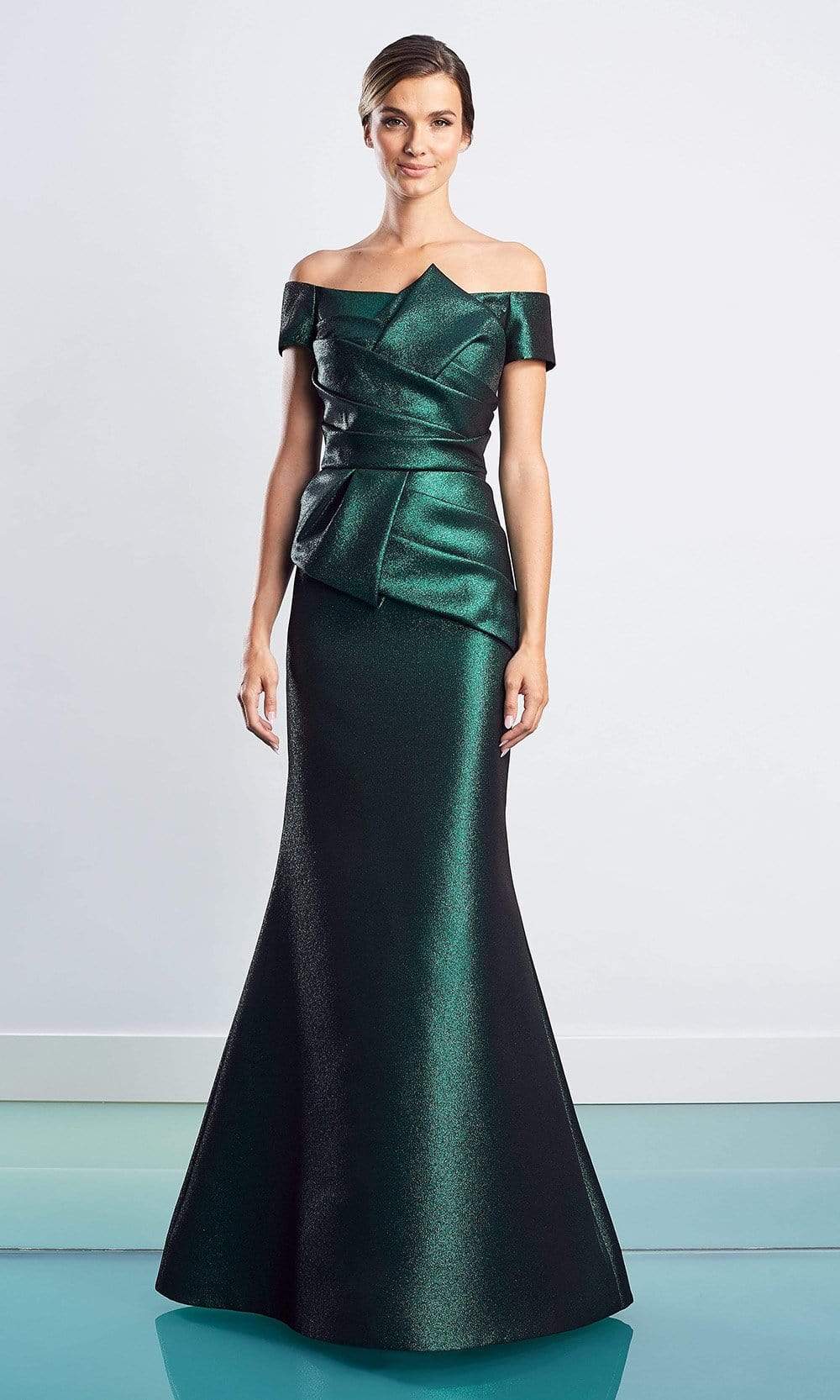 Alexander By Daymor - 1477 Off Shoulder Pleated Metallic Gown Evening Dresses