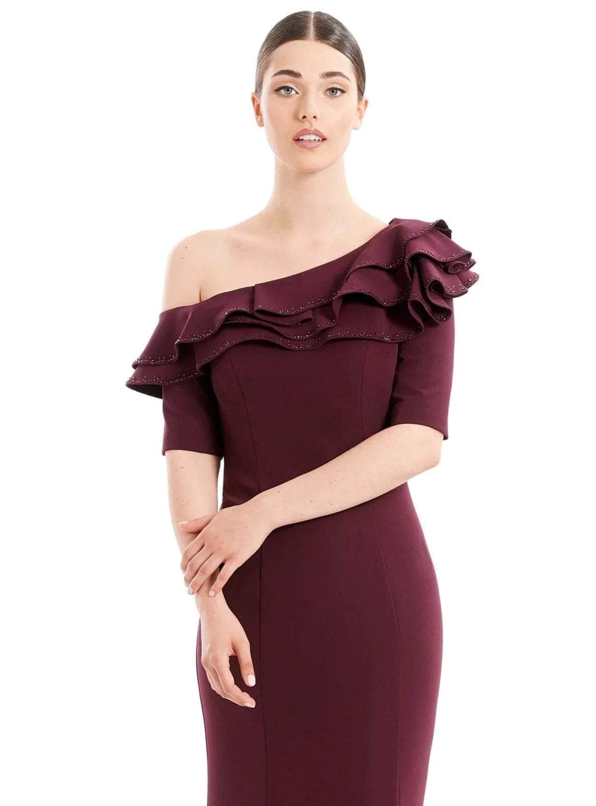 Alexander by Daymor 1663Short - Asymmetric Ruffled Neck Cocktail Dress Evening Dresses 4 / Wine