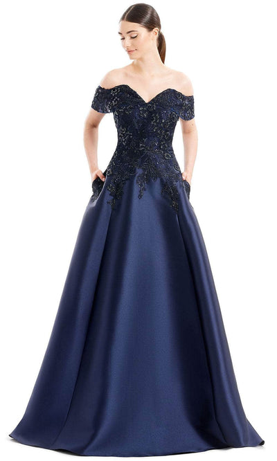 Alexander By Daymor 1668F22 - Off-Shoulder V-Neck Evening Gown Special Occasion Dress 4 / Navy