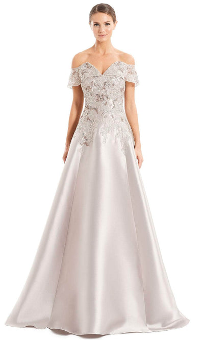 Alexander By Daymor 1668F22 - Off-Shoulder V-Neck Evening Gown Special Occasion Dress 4 / Silver/Taupe