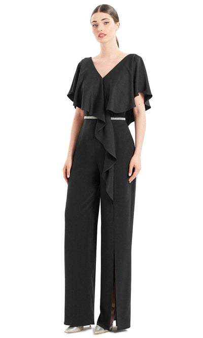 Alexander By Daymor 1669F22 - Ruffled Short Sleeve Formal Jumpsuit Special Occasion Dress 2 / Black
