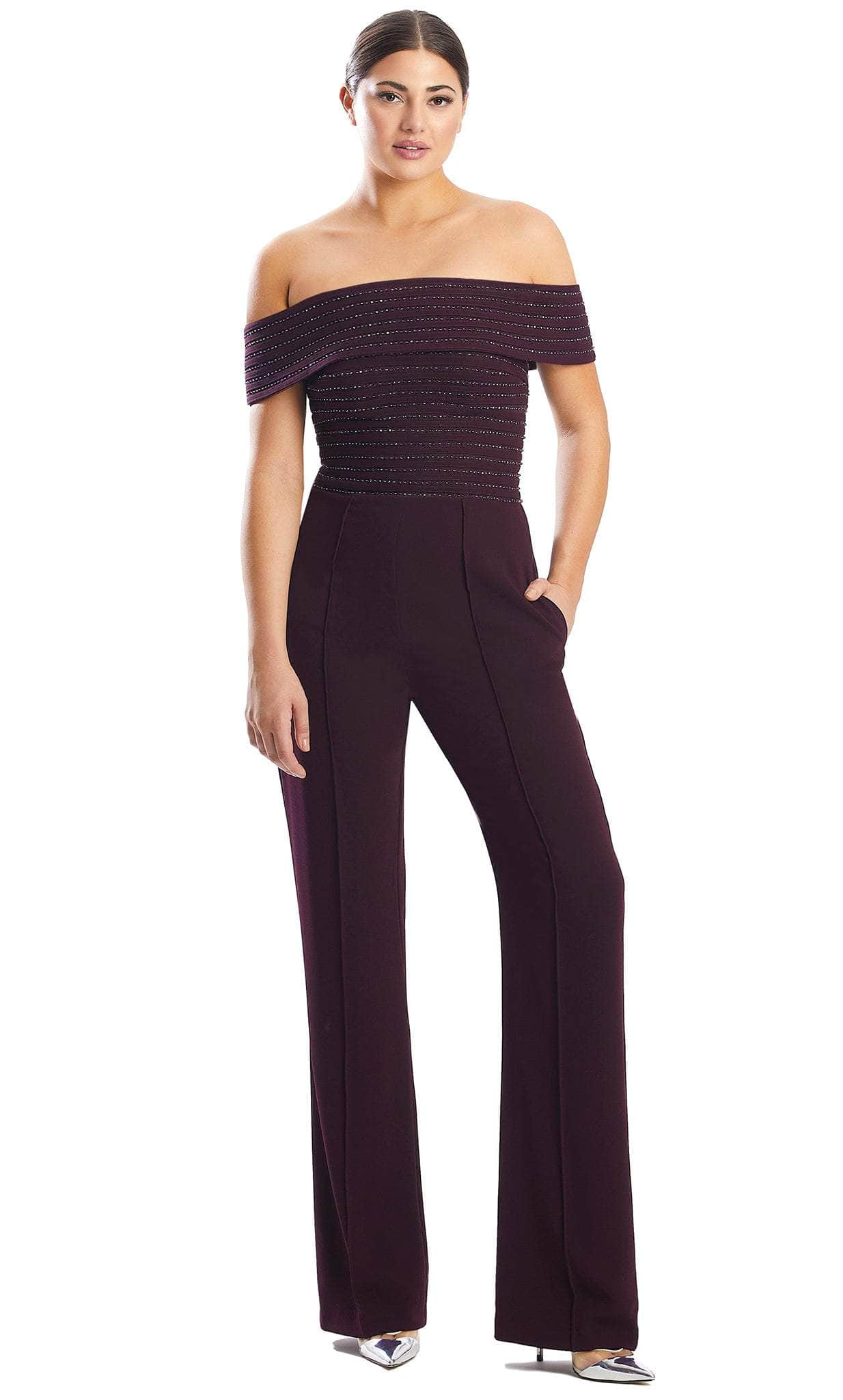 Alexander by Daymor 1751S23 - Off-Shoulder Formal Jumpsuit Formal Pantsuits 00 / Aubergine