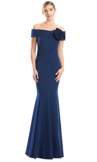 Alexander by Daymor 1761S23 - Rosette-Detailed Off Shoulder Gown Evening Dresses 00 / Navy