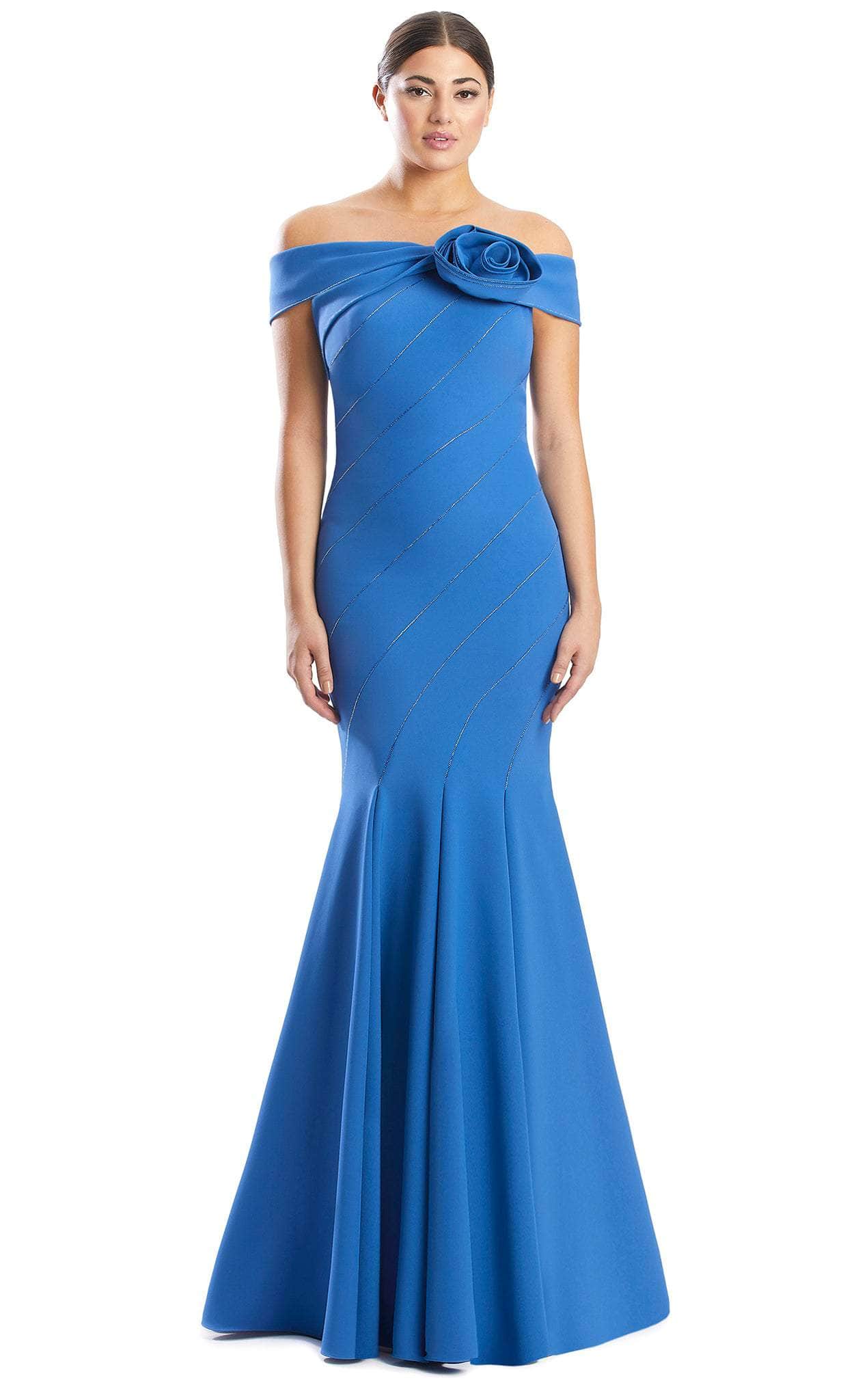 Alexander by Daymor 1761S23 - Rosette-Detailed Off Shoulder Gown Evening Dresses 00 / Ocean