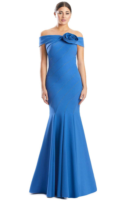 Alexander by Daymor 1761S23 - Rosette-Detailed Off Shoulder Gown Evening Dresses 00 / Ocean