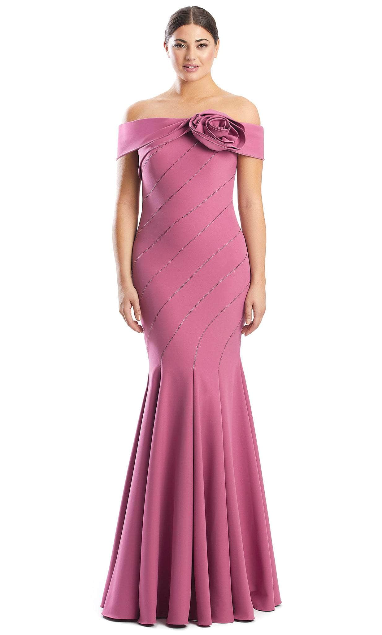 Alexander by Daymor 1761S23 - Rosette-Detailed Off Shoulder Gown Evening Dresses 00 / Orchid
