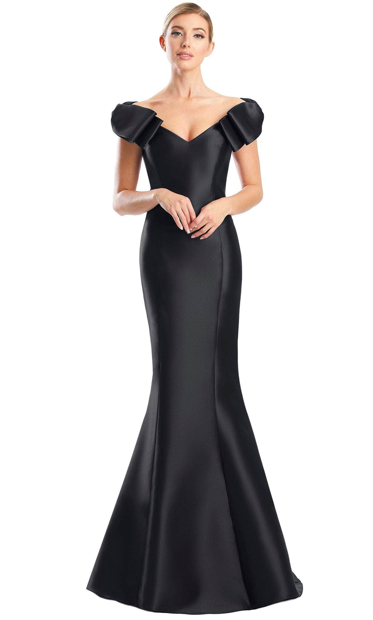 Alexander by Daymor 1773S23 - Bow Appliqued Sleeves Formal Dress Evening Dresses 00 / Black