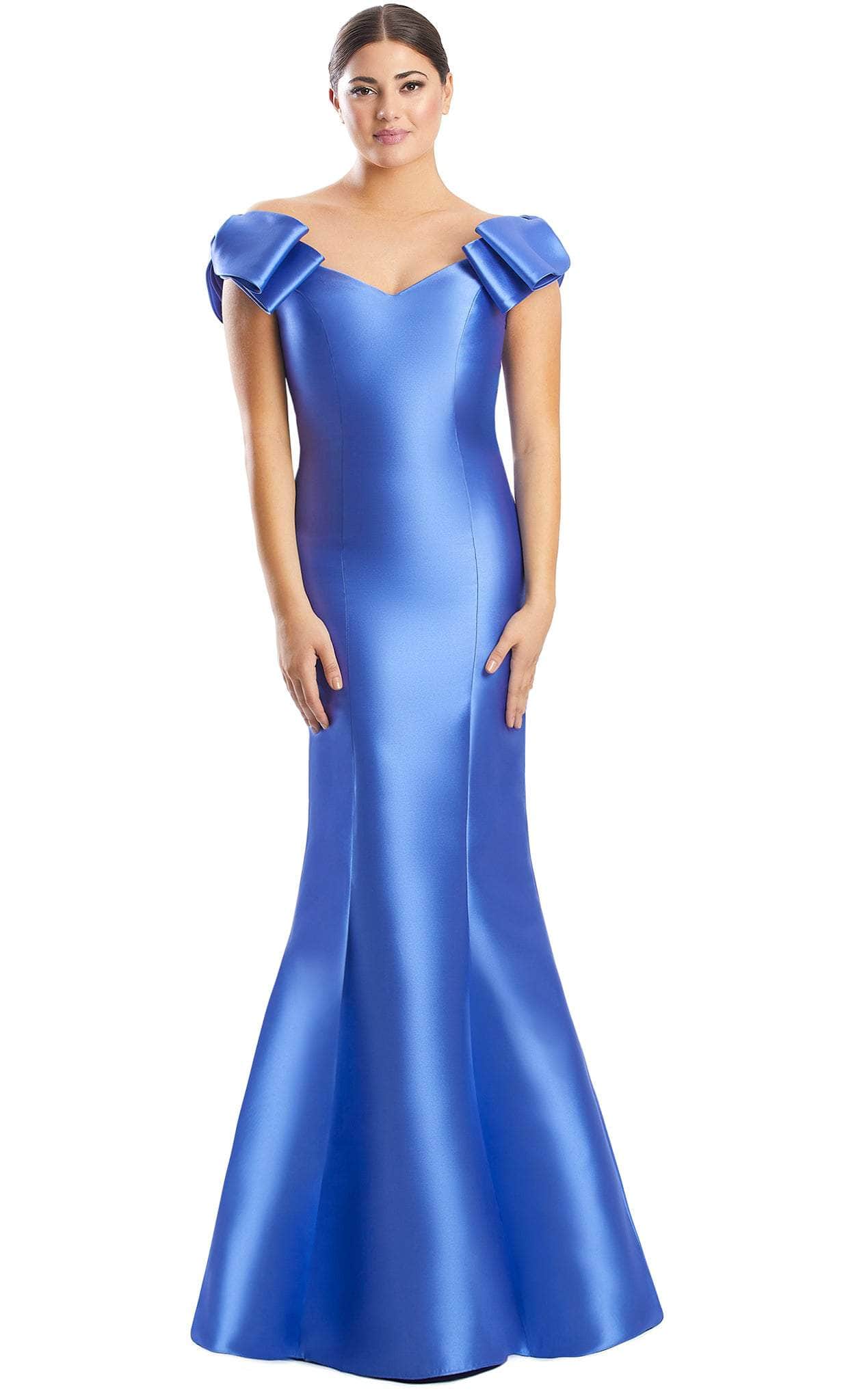 Alexander by Daymor 1773S23 - Bow Appliqued Sleeves Formal Dress Evening Dresses 00 / Delphi Blue
