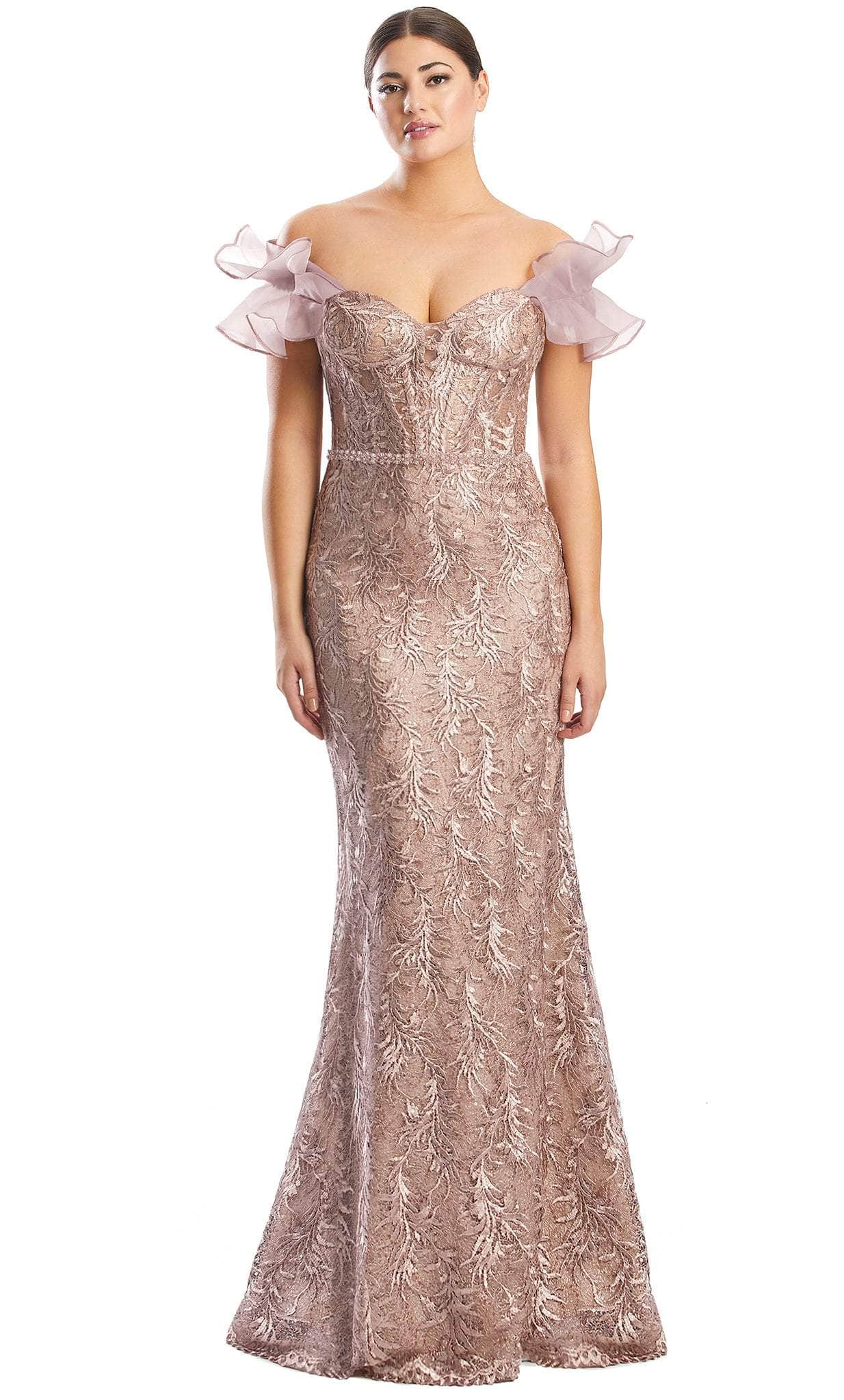 Alexander by Daymor 1774S23 - Ruffled Sleeve Sweetheart Lace Gown Evening Dresses 00 / Mauve