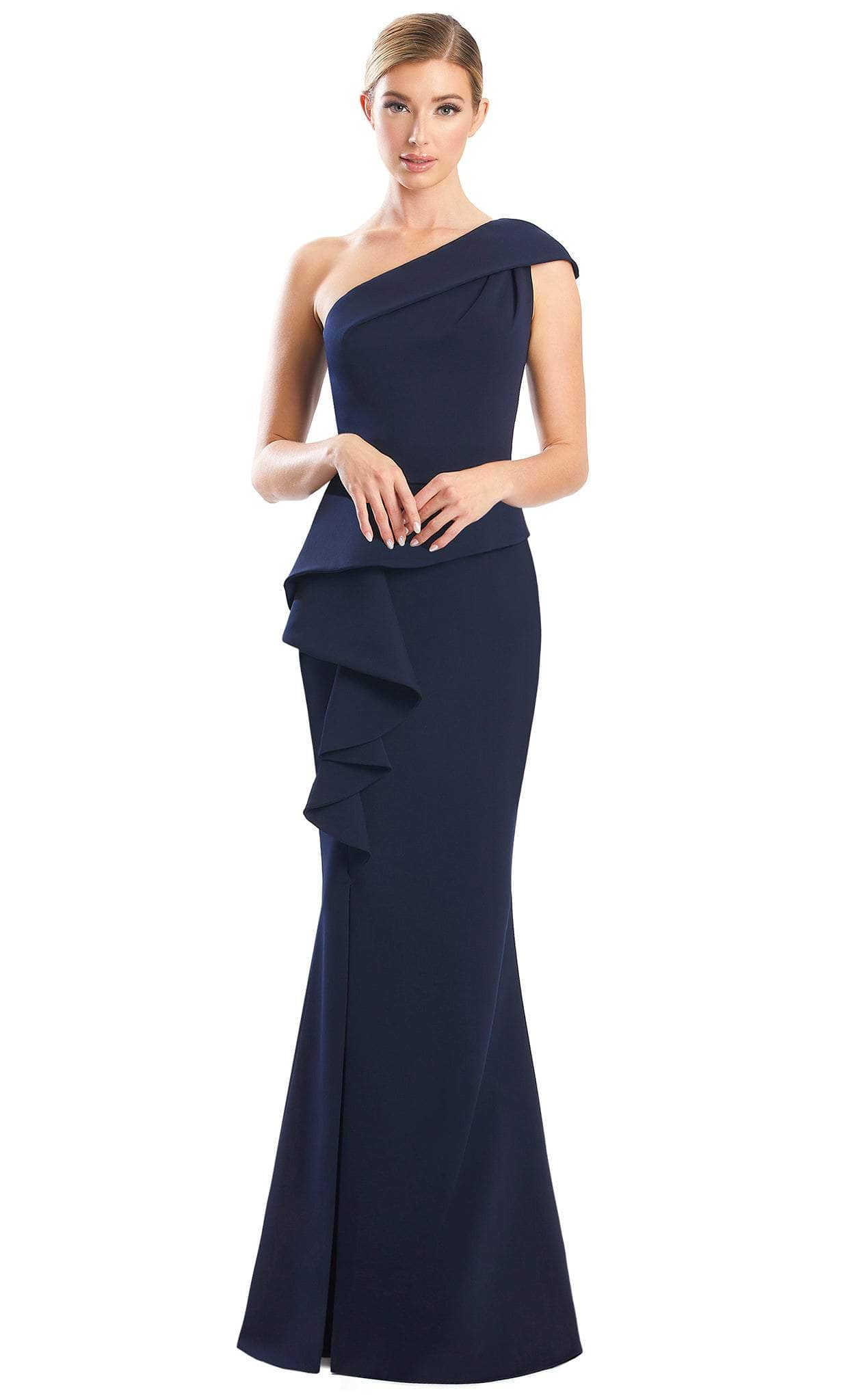 Alexander by Daymor 1781S23 - Asymmetrical Neck Minimalist Evening Gown Evening Dresses 00 / Navy