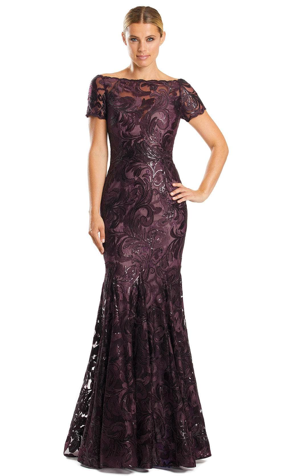 Alexander by Daymor 1859F23 - Short Sleeve Lace Applique Long Dress Special Occasion Dress 00 / Wine