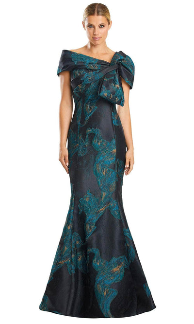 Alexander by Daymor 1864F23 - Bow Detailed Off Shoulder Evening Dress Special Occasion Dress 00 / Teal/Black