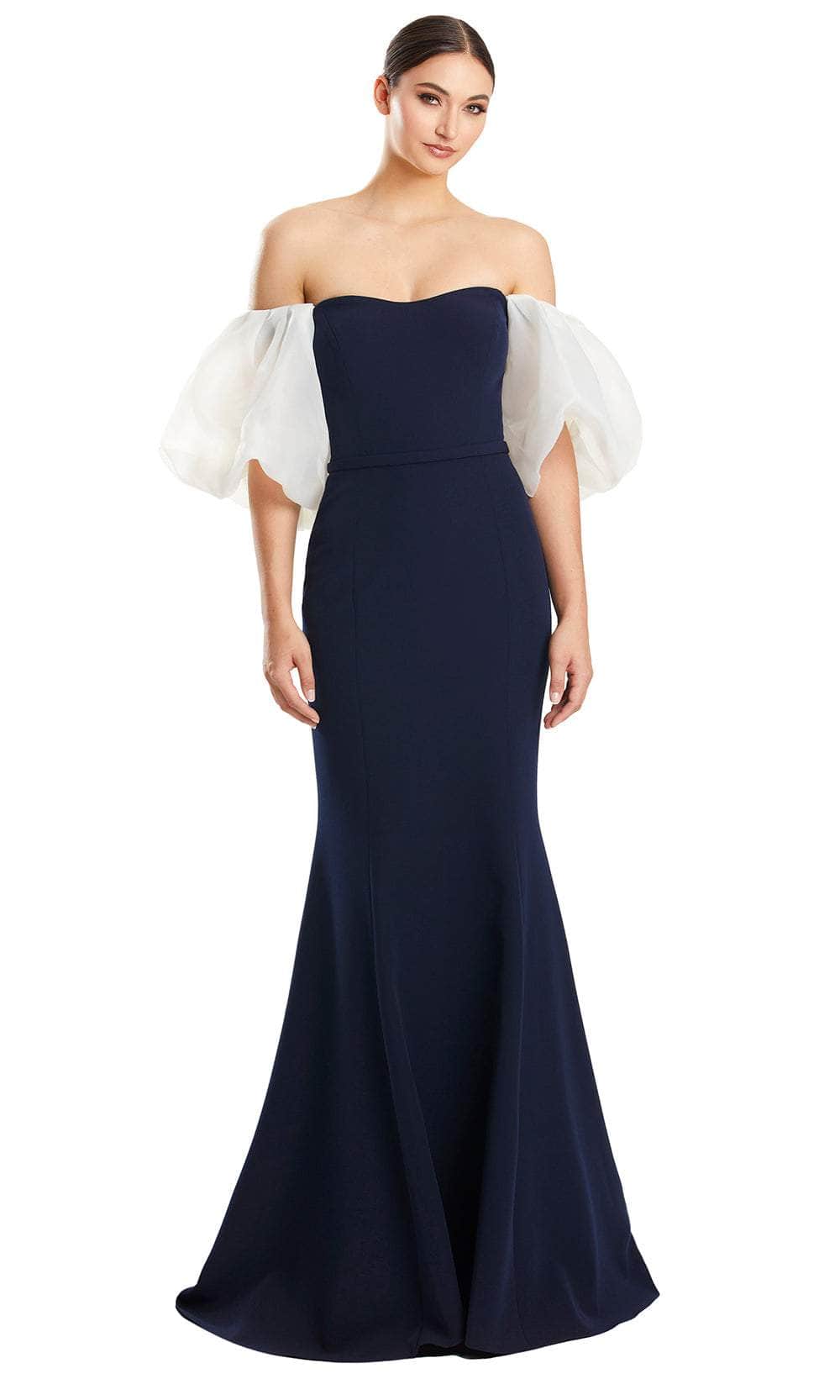 Alexander by Daymor 1870F23 - Puff Sleeve Trumpet Evening Gown Special Occasion Dress 00 / Navy/White