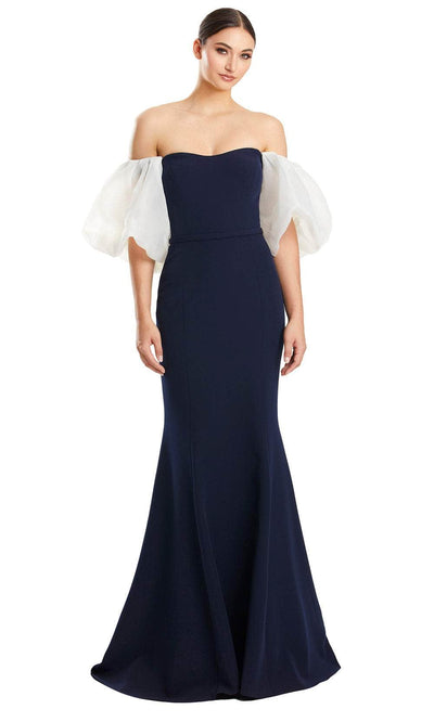 Alexander by Daymor 1870F23 - Puff Sleeve Trumpet Evening Gown Special Occasion Dress 00 / Navy/White