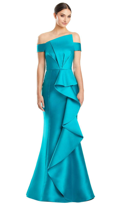Alexander by Daymor 1873F23 - Off Shoulder Ruffled Evening Gown Special Occasion Dress 00 / Jade