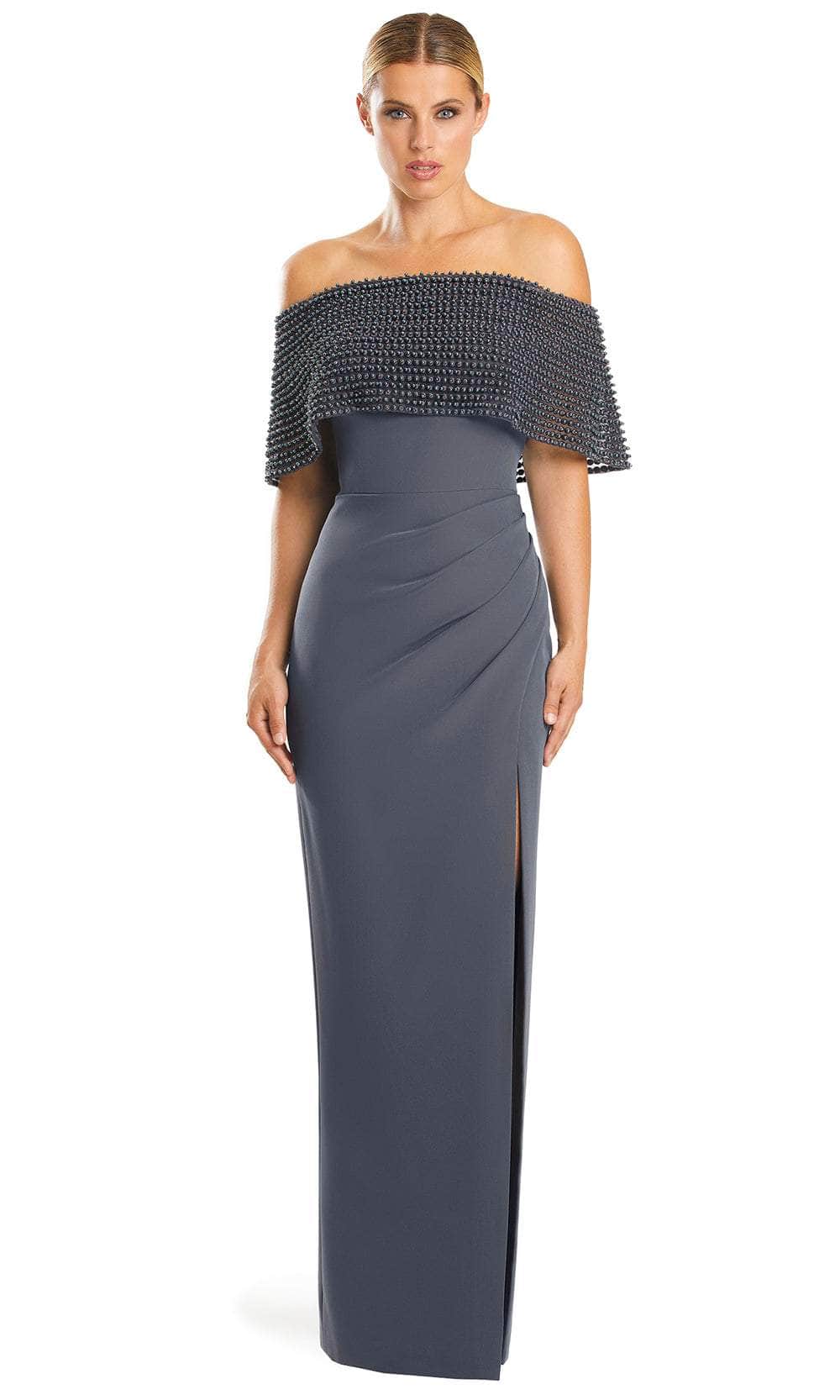 Alexander by Daymor 1883F23 - Beaded Off Shoulder Evening Gown Special Occasion Dress 00 / Hematite