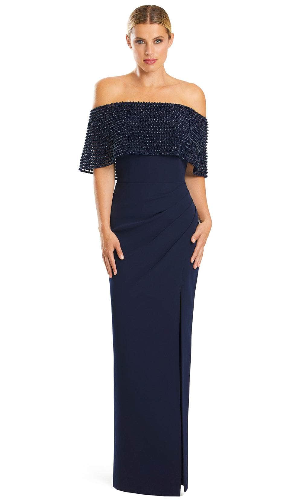 Alexander by Daymor 1883F23 - Beaded Off Shoulder Evening Gown Special Occasion Dress 00 / Navy