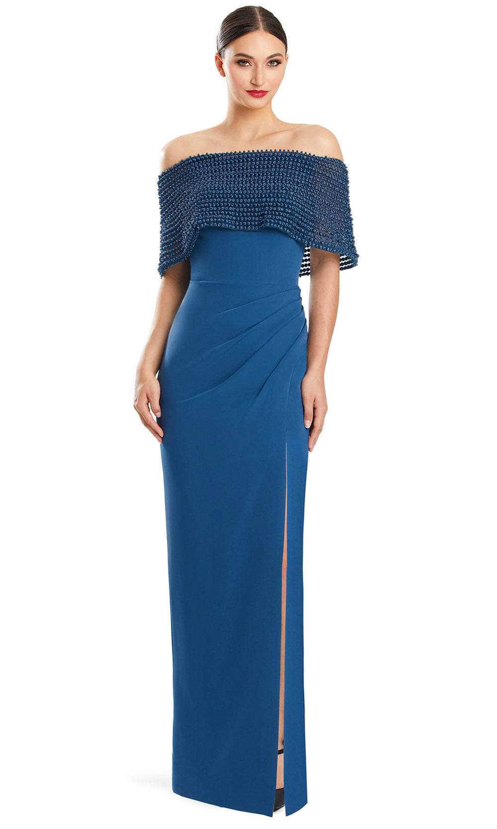 Alexander by Daymor 1883F23 - Beaded Off Shoulder Evening Gown Special Occasion Dress 00 / Twilight Blue
