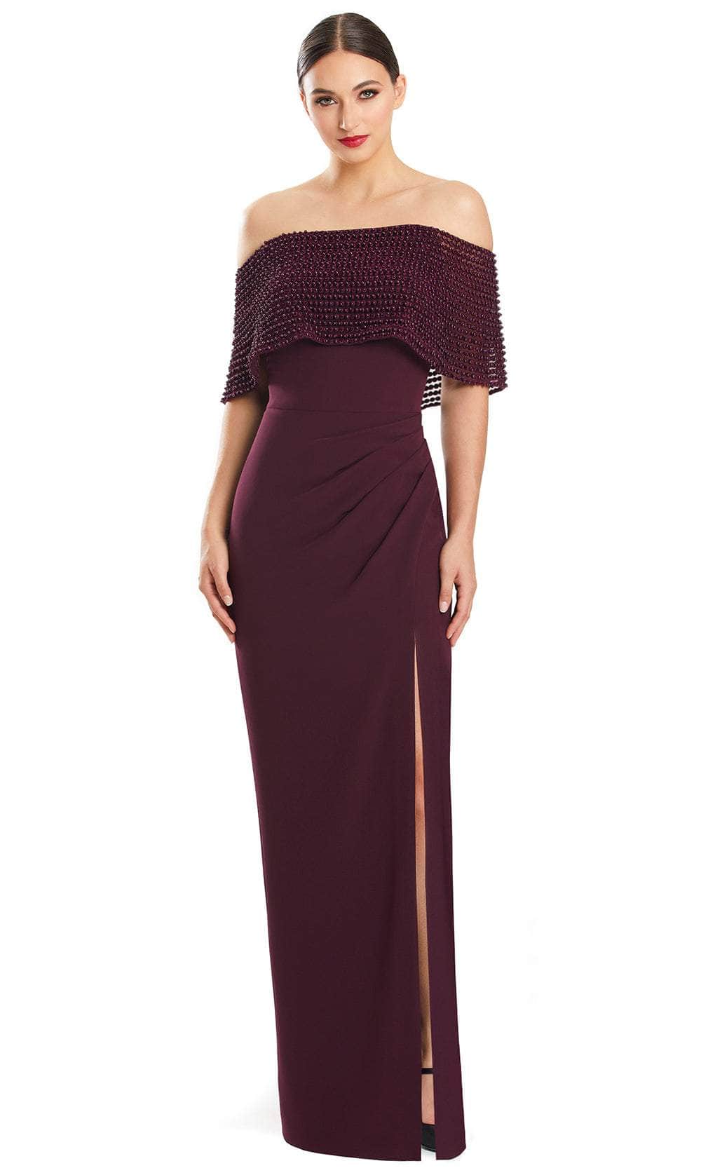 Alexander by Daymor 1883F23 - Beaded Off Shoulder Evening Gown Special Occasion Dress 00 / Wine