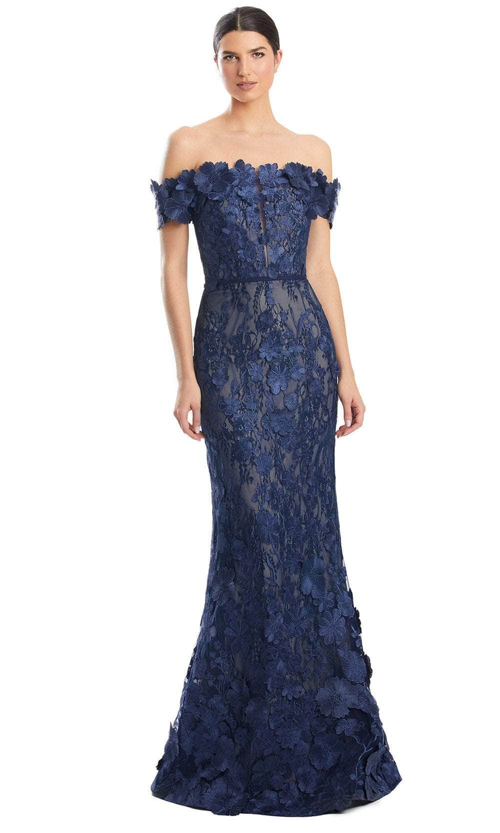 Alexander by Daymor 1971S24 - Lace Applique Off Shoulder Prom Gown Prom Dresses 4 / Navy